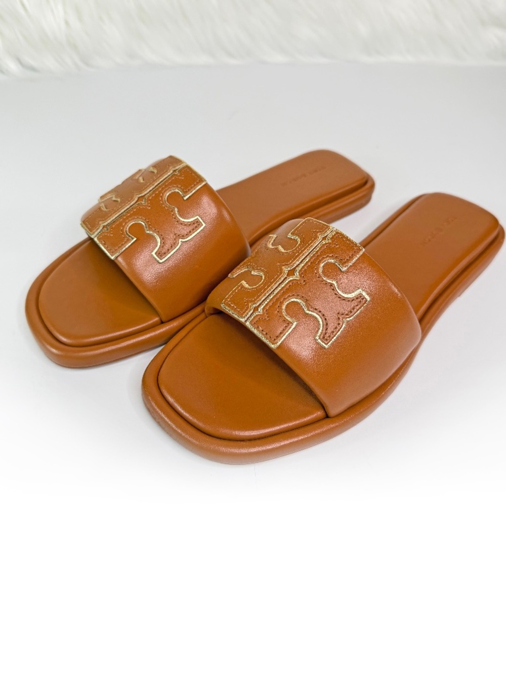 Tory Burch Double T Sport Slide Leather Sandals - Bourbon Miele